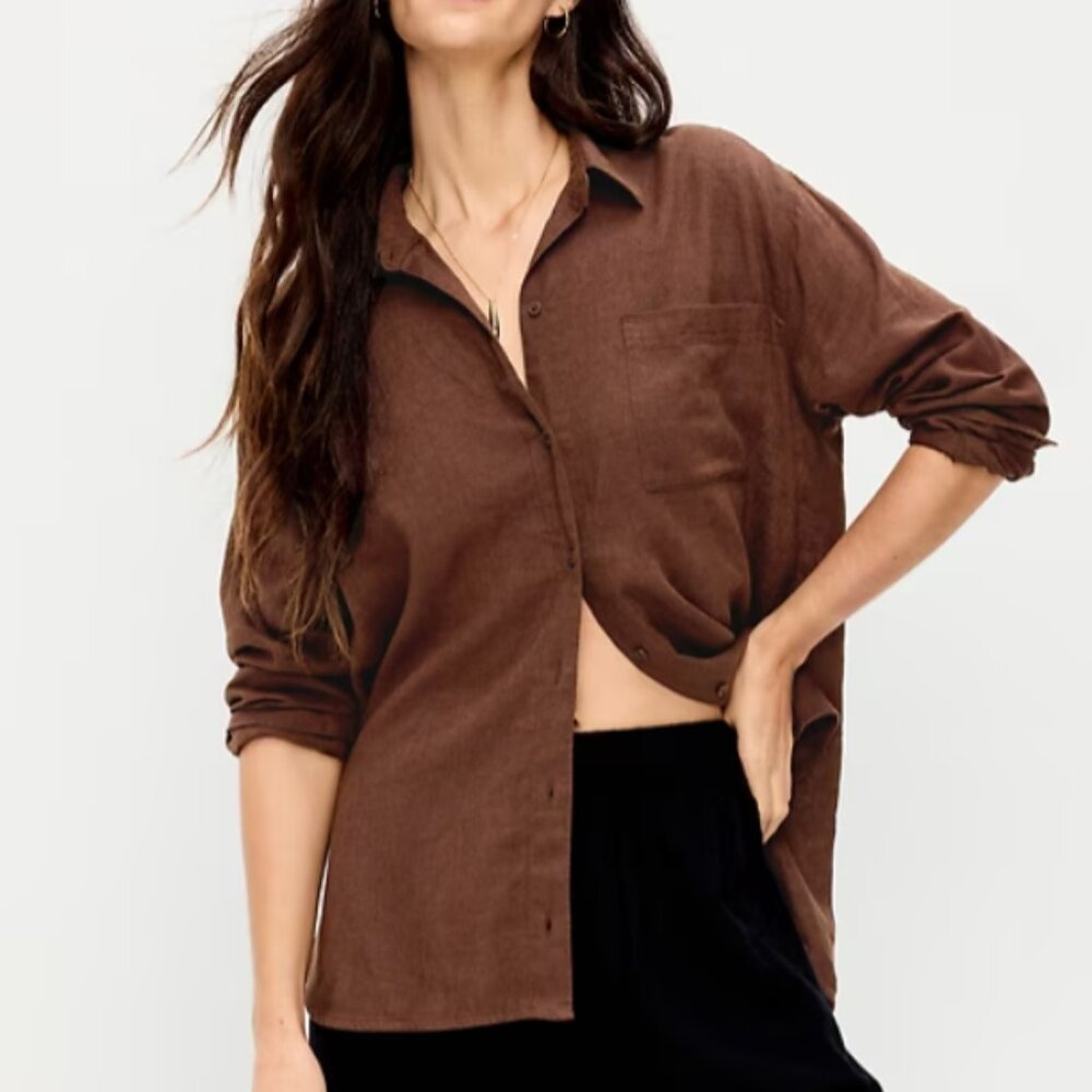 Old Navy Linen-Blend Boyfriend Button-Down Shirt in Brown Size XS